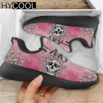 HYCOOL Винтажные женские кроссовки на плоской подошве розового цвета с черепом и цветочным принтом на шнуровке, легкая уличная спортивная обувь Mujer