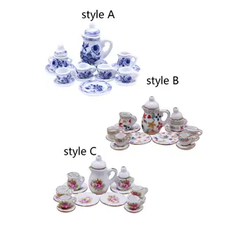 15 предметов, миниатюрный чайный сервиз для кукольного домика, мини-чашки для чая, модели: Фарфоровый кукольный домик в 12 масштабах для обеденного стола