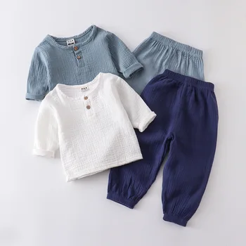 2 шт., весенние комплекты одежды для маленьких мальчиков от 0 до 4 лет, Муслиновая футболка из органического хлопка с длинным рукавом + свободные брюки, детская одежда