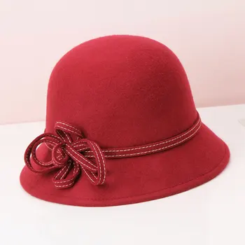 2022 Новая шляпа Женская зимняя мода Британский ретро шерстяной котелок Рыбацкая шляпа маленькая шляпа с бантом Осенне-зимняя большая шляпа