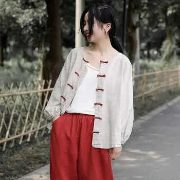2023 Китайский стиль ципао блузка хлопчатобумажное льняное короткое пальто женский кардиган весна лето чайное искусство универсальная рубашка hanfu tangsuit топ