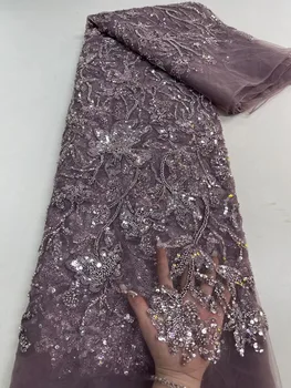 2023 Нигерийская кружевная ткань ручной работы, расшитая бисером, Африканская Роскошная кружевная ткань с пайетками и жемчугом Для свадебных платьев