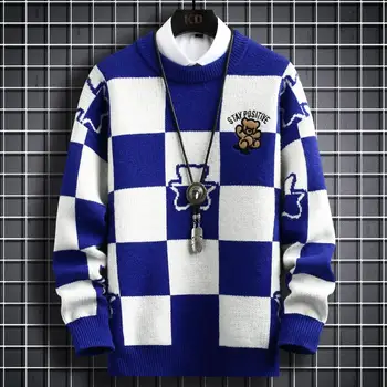 2023 Новые Зимние Свободные мужские свитера с принтом в стиле хип-хоп, Высококачественный кашемировый свитер, мужская одежда, Модные рождественские пуловеры в клетку
