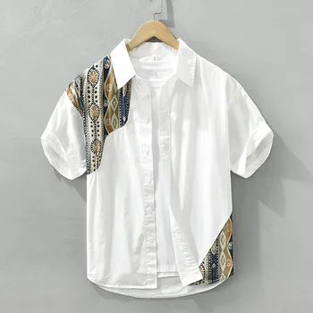 2797 Винтажная рубашка в стиле пэчворк с принтом, мужская летняя мода, 100% хлопок, Повседневная Свободная блузка с лацканами, топы для подростков, уличная одежда