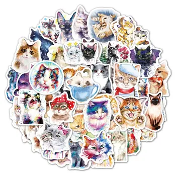 50шт акварельных наклеек с кошками, Оленями, Совами, милыми мультяшными животными