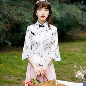 Cheongsam Top 2022 Новая элегантная традиционная китайская одежда с цветочным принтом для женщин, рубашки-ципао, платья для женщин, свадебные платья