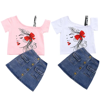 FOCUSNORM/ Летние модные Комплекты одежды для девочек от 0 до 4 лет, 2 предмета, джинсовые юбки/Шорты с рисунком на одно плечо, наряды