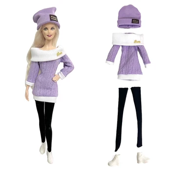 NK 1 комплект Модное зимнее кукольное вязаное платье Фиолетовый свитер Черные Чулки Шляпа Обувь Одежда для куклы Барби Аксессуары Игрушка