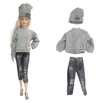 NK 3 шт Костюм куклы уличной моды: Серый вязаный жгут из жареного теста + брюки с имитацией дырочек + шляпа для аксессуаров куклы Барби
