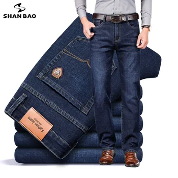 SHAN BAO 2023, осень-весна, приталенные прямые джинсы-стрейч, значок классического стиля, молодежные мужские деловые повседневные джинсовые брюки