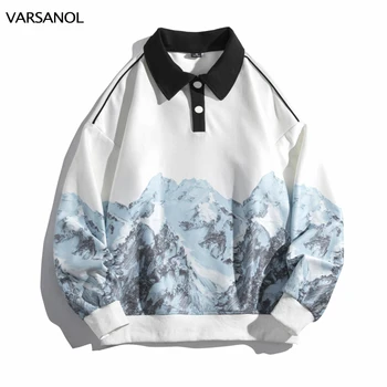 Varsanol Men Y2K Модная толстовка с капюшоном, мужская одежда с принтом Mountain, зимняя уличная одежда, пуловер с длинным рукавом, топ Оверсайз