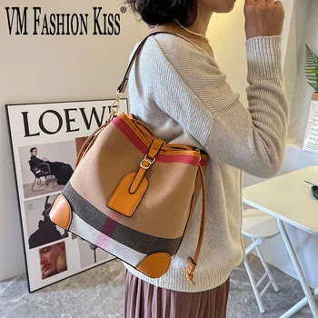 VM FASHION KISS 2022, Женские сумки-ведра из искусственной кожи + парусиновая строчка, роскошные сумки, дизайнерская сумка через плечо большой емкости