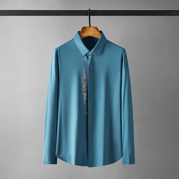 Бесшовные мужские рубашки Minglu с длинным рукавом, высококачественные вертикальные полосы, ромбовидные Однотонные мужские рубашки, облегающие мужские рубашки