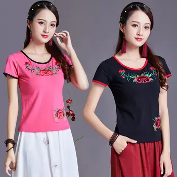Благородная женская рубашка с коротким рукавом, Элегантная Тонкая повседневная одежда, топ с цветочной вышивкой в китайском стиле, Летняя женская блузка с круглым вырезом