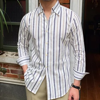 Весенняя рубашка Мужская рубашка в полоску с лацканами и длинным рукавом Уличная одежда Camisa Social Masculina Деловая модная рубашка в контрастную полоску