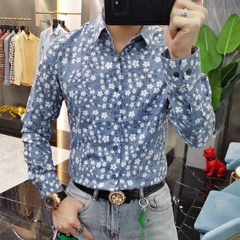 Весна 2023, модный бренд, мужская приталенная повседневная рубашка Camiseta с цветочным принтом, Camisa Social Masculina Manga Longa