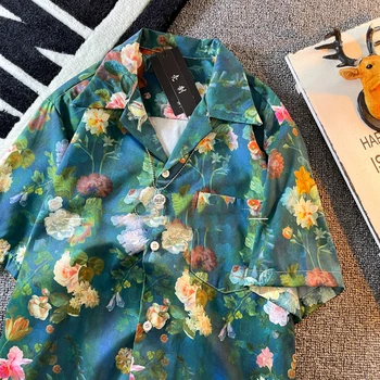 Винтажная рубашка с цветочным рисунком, мужская летняя рубашка из ледяного шелка с короткими рукавами, Свободная тонкая одежда Для мужчин и женщин, Красивая блузка с кубинским воротником