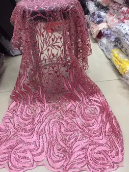 Высококачественная розовая кружевная ткань из французского тюля, 3D цветы, блестки для вечерней одежды, платье, африканская кружевная ткань для свадебного шитья