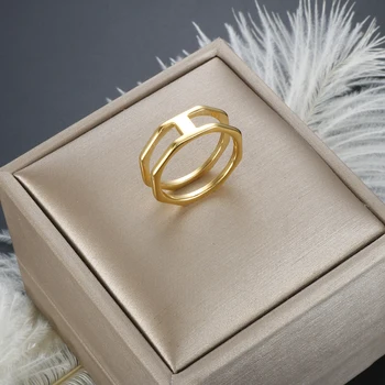 Двойное геометрическое полое кольцо из водонепроницаемой нержавеющей стали с позолоченным покрытием Простые украшения для повседневной носки для пары Мужчин Женщин Подарок