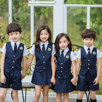 Детская рубашка с короткими рукавами, жилет, шорты, комплекты одежды из 3 предметов, детская форма начальной школы, летнее платье, костюм для мальчиков и девочек