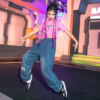 Детская сценическая уличная одежда, одежда в стиле хип-хоп, розовая укороченная футболка на бретелях, топы, джинсовые брюки для девочек, подростковые костюмы для джазовых танцев, одежда