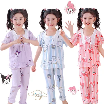 Детские Пижамы Sanrios Bubble Kid с квадратным вырезом и короткими рукавами для девочек из аниме Kawaii, Милые Комплекты Одежды для отдыха с героями мультфильмов MyMelody Kuromi Cinnamoroll