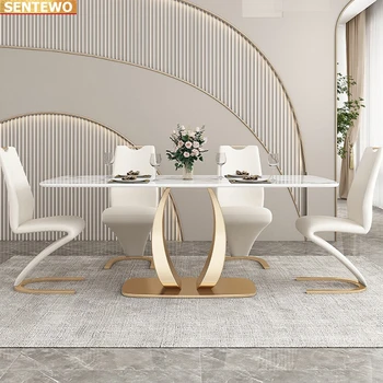 Дизайнерская роскошная столовая из мраморной плиты обеденный стол с 4 6 стульями мебель mesa tavoli мрамор Нержавеющая сталь золотое основание
