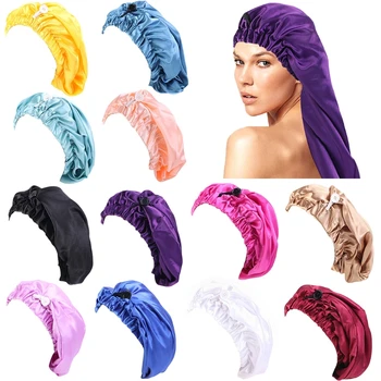 Женская атласная Длинная спальная шапочка со складывающимися пуговицами Карамельного цвета, эластичная ночная шапочка-бини для вьющихся волос, заплетенных в косички.