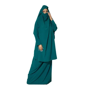Женская летняя одежда из 2 предметов в мусульманском этническом стиле, Саудовская Аравия, Однотонные Свободные комплекты из халата с капюшоном и эластичной юбки с длинными рукавами