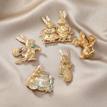 Женская мода, винтажные Милые броши с бантом и кроликом Для женщин, роскошные булавки с животными из сплава золота и камня