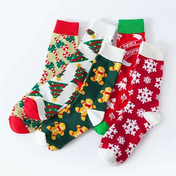 Женские рождественские носки в виде Рождественской елки со снежинками, повседневные носки средней длины для женщин и мужчин, забавные носки с Новым годом с героями мультфильмов