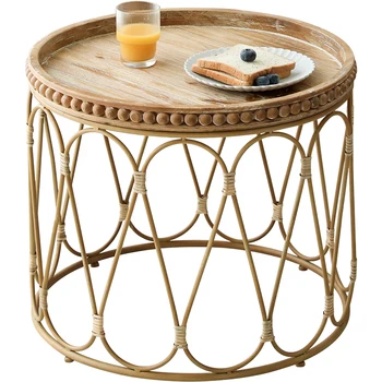 Журнальный столик из ротанга в скандинавском стиле из массива дерева для гостиной, мебель для маленькой квартиры, диван, приставной столик, Креативный круглый чайный столик