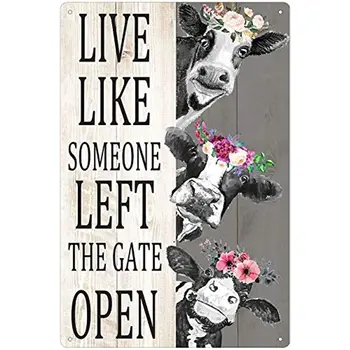Забавный металлический плакат с коровой, как будто кто-то оставил ворота открытыми, металлическая жестяная вывеска, кафе, ферма, художественное оформление стен в ванной на ферме