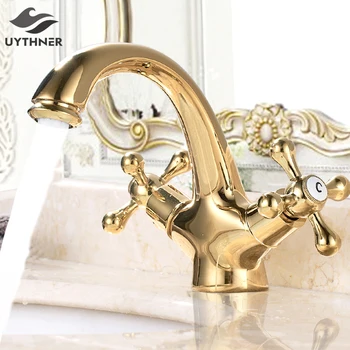 Золотой / Античный Латунный Смеситель для раковины в ванной с одной ручкой и одним отверстием из твердой латуни, установленный на бортике смесителя для ванны