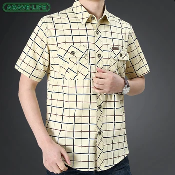Клетчатая рубашка Мужская Летняя Свободная рубашка с коротким рукавом Повседневная мужская хлопковая деловая рубашка с коротким рукавом, однобортные дышащие топы