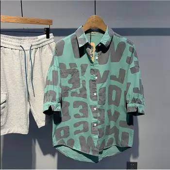 Летние мужские рубашки в японском стиле, топы с коротким рукавом и буквенным принтом, 30-50% хлопок