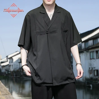 Летние рубашки из ледяного шелка в китайском стиле для мужчин, модный дизайн с пряжкой, Черная рубашка с коротким рукавом, пальто с лацканами, Тонкий свободный топ