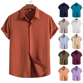 Летняя мужская Гавайская рубашка 2023 года, Новая пляжная рубашка из морщинистой ткани с коротким рукавом, Мужская повседневная дышащая Удобная рубашка, мужская