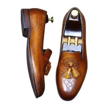 Мужская повседневная обувь из воловьей кожи с верхним слоем, винтажная обувь с низким берцем, деловая комбинация с кисточкой на одной ноге 68879