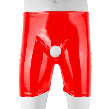 Мужские короткие штаны из блестящего искусственного латекса, эротические боксеры с открытым отверстием для пениса, мужские Сисси, Однотонные облегающие шорты, Сексуальное нижнее белье, трусы