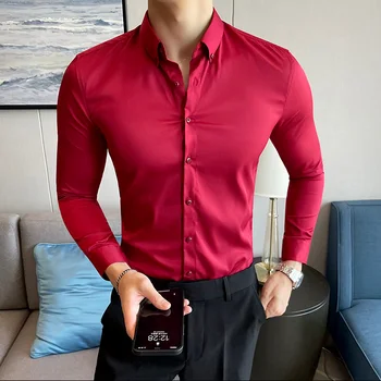 Мужские рубашки весеннего однотонного цвета с длинными рукавами, простые тонкие деловые повседневные рубашки, Модный бутик мужской одежды