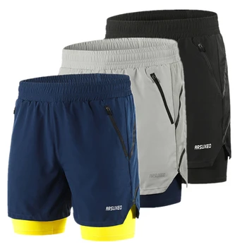 Мужские шорты для бега 2 в 1 Быстросохнущие спортивные тренировочные шорты для бега трусцой с карманом на молнии Модные