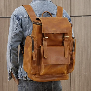 Мужской рюкзак из натуральной кожи в стиле ретро, дорожный рюкзак из кожи первого слоя, сумка для ноутбука из натуральной воловьей кожи большой емкости