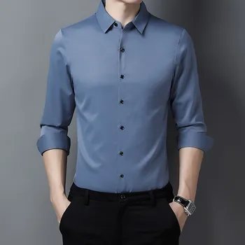 Мужской синий топ с длинным рукавом, рубашка с негабаритным воротником, Повседневные деловые мужские рубашки на пуговицах, вечернее платье, гладкая рубашка из искусственного шелка
