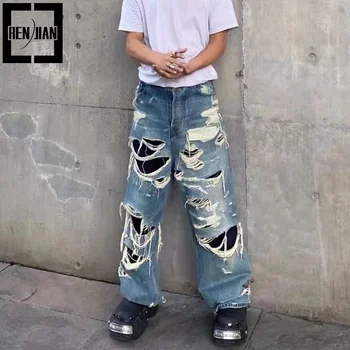 Мужской стиль Vibe, разрушенные джинсовые брюки, мода Hi Street, Рваные джинсовые брюки оверсайз в стиле хип-хоп, Свободный крой, потертые низы