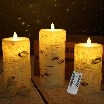 Набор из 3 Беспламенных столбовых свечей из бересты диаметром 3 дюйма-Электрическая Мерцающая светодиодная свеча с таймером romote-real wax Led Batte