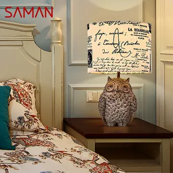 Настольная лампа SAMAN Modern Owl LED, креативная прикроватная винтажная настольная лампа из смолы для дома, гостиной, спальни, кабинета, декора