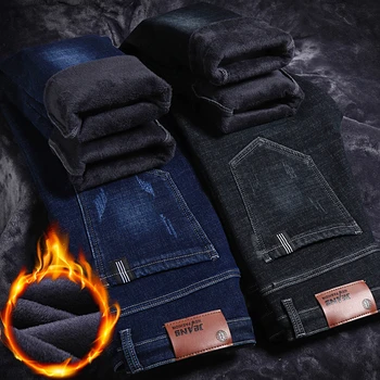 Новинка зимы 2022, мужские деловые модные теплые джинсы в классическом стиле, черные джинсовые брюки из плотного флиса, мужские брендовые брюки обычного кроя.