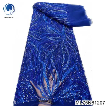 Новоприбывшее Достоинство Элегантность Сапфирово-Синие Африканские Блестящие Пайетки с Французской Тяжелой Кружевной Тканью из Бисера для Вечернего Платья ML75N612