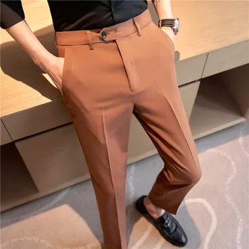 Новые мужские костюмные брюки, высококачественные однотонные облегающие деловые Модные повседневные брюки большого размера, эластичные облегающие вечерние брюки